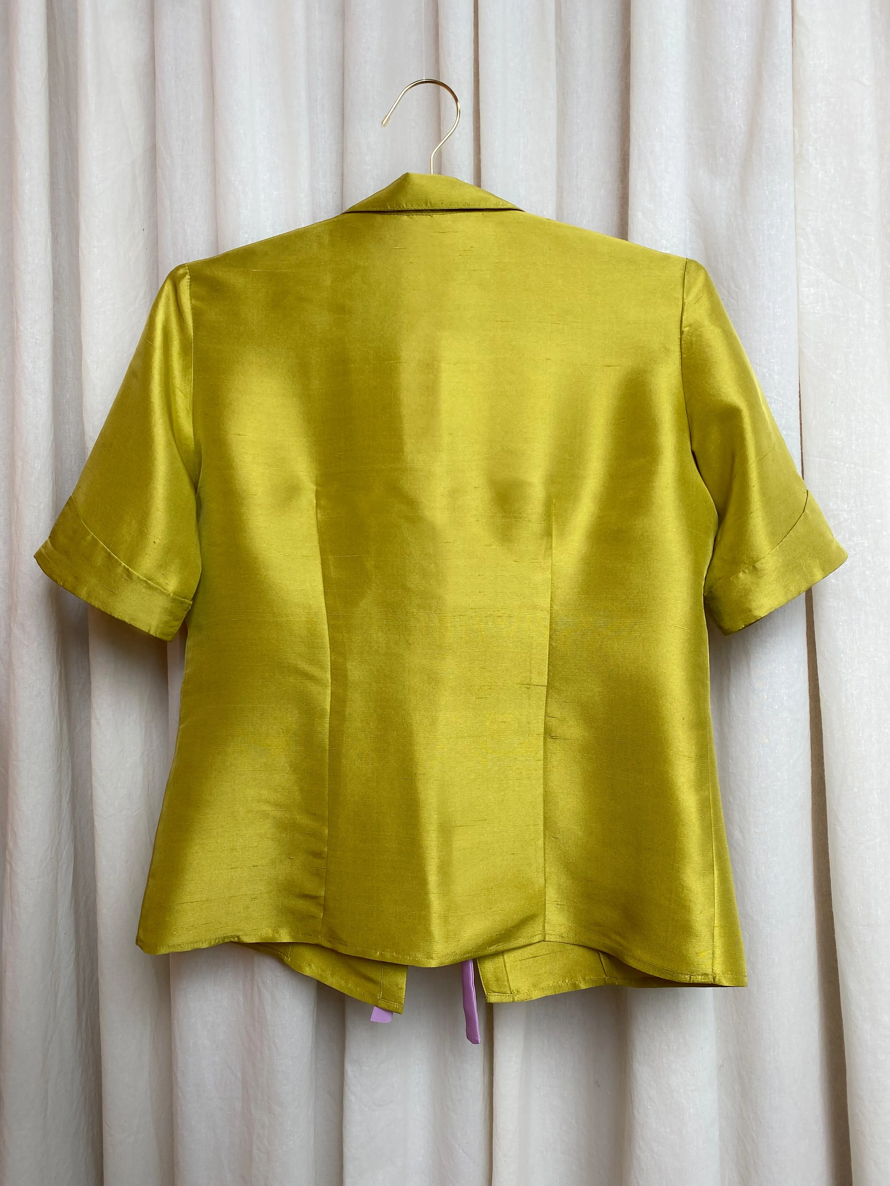 • REIMAGINED • Silk Tie Shirt [ Green/ Yellow, Purple Ties, Short Sleeves, Size 10-12 ]