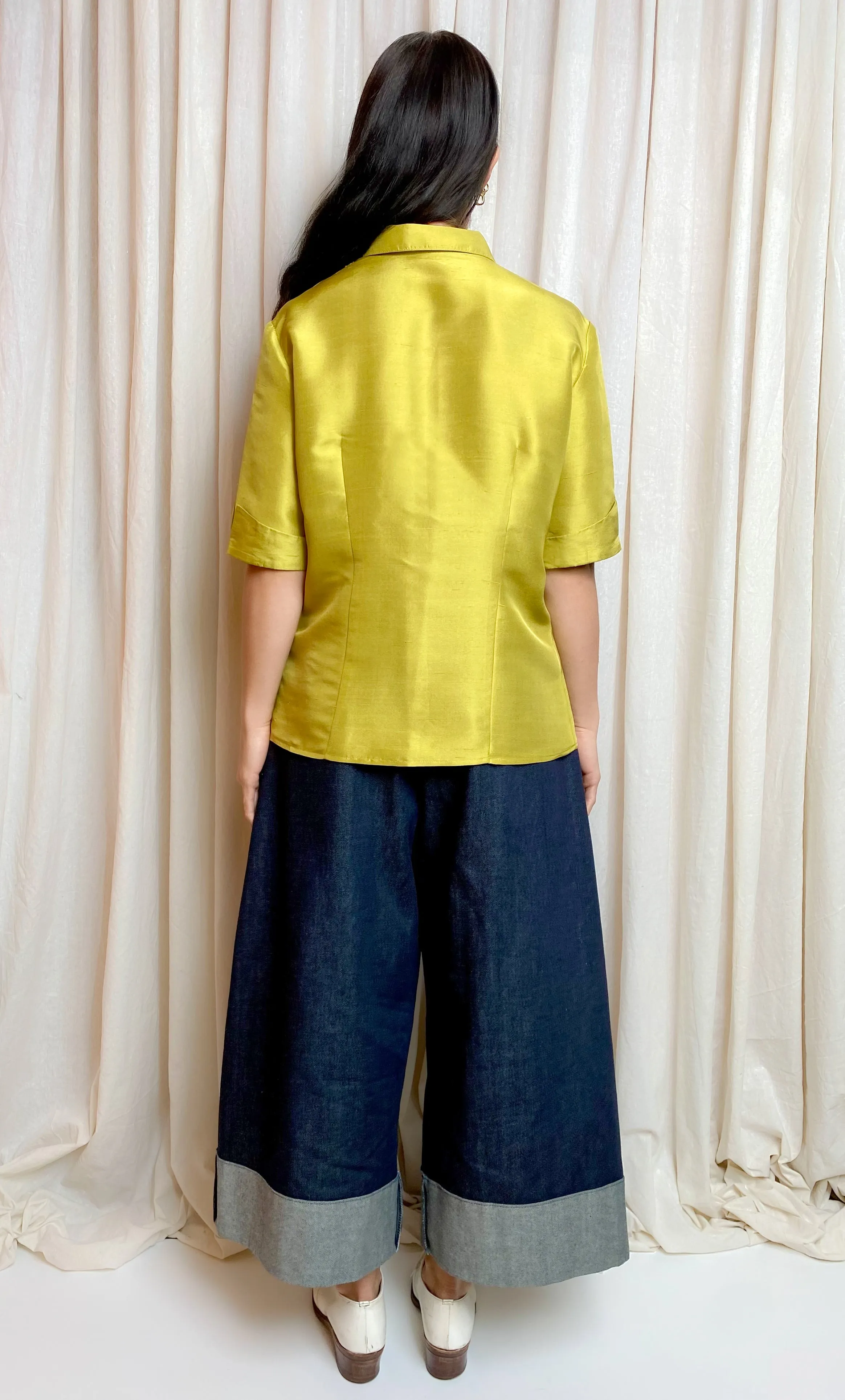 • REIMAGINED • Silk Tie Shirt [ Green/ Yellow, Purple Ties, Short Sleeves, Size 10-12 ]