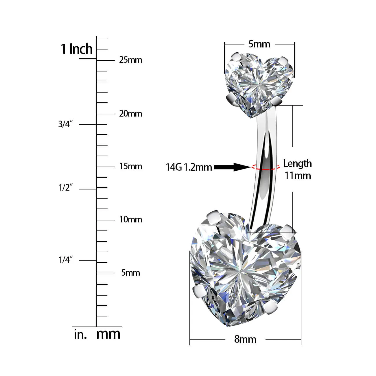 14G Heart CZ Belly Button Ring