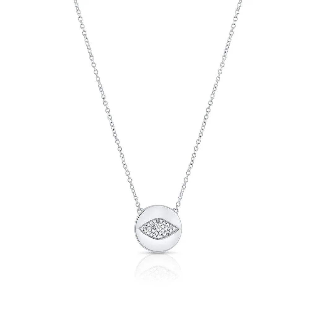 18K White Gold Pave Evil Eye Disk Pendant Necklace