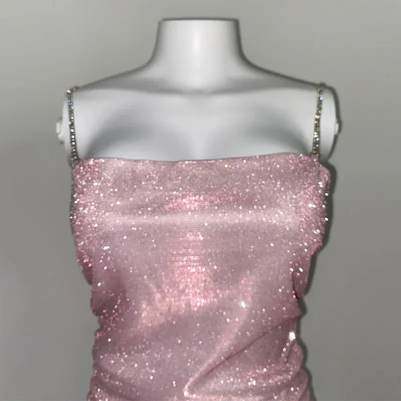 2024 Elegant Diamond Glitter Sparkle Spaghetti Strap Bodycon Dress