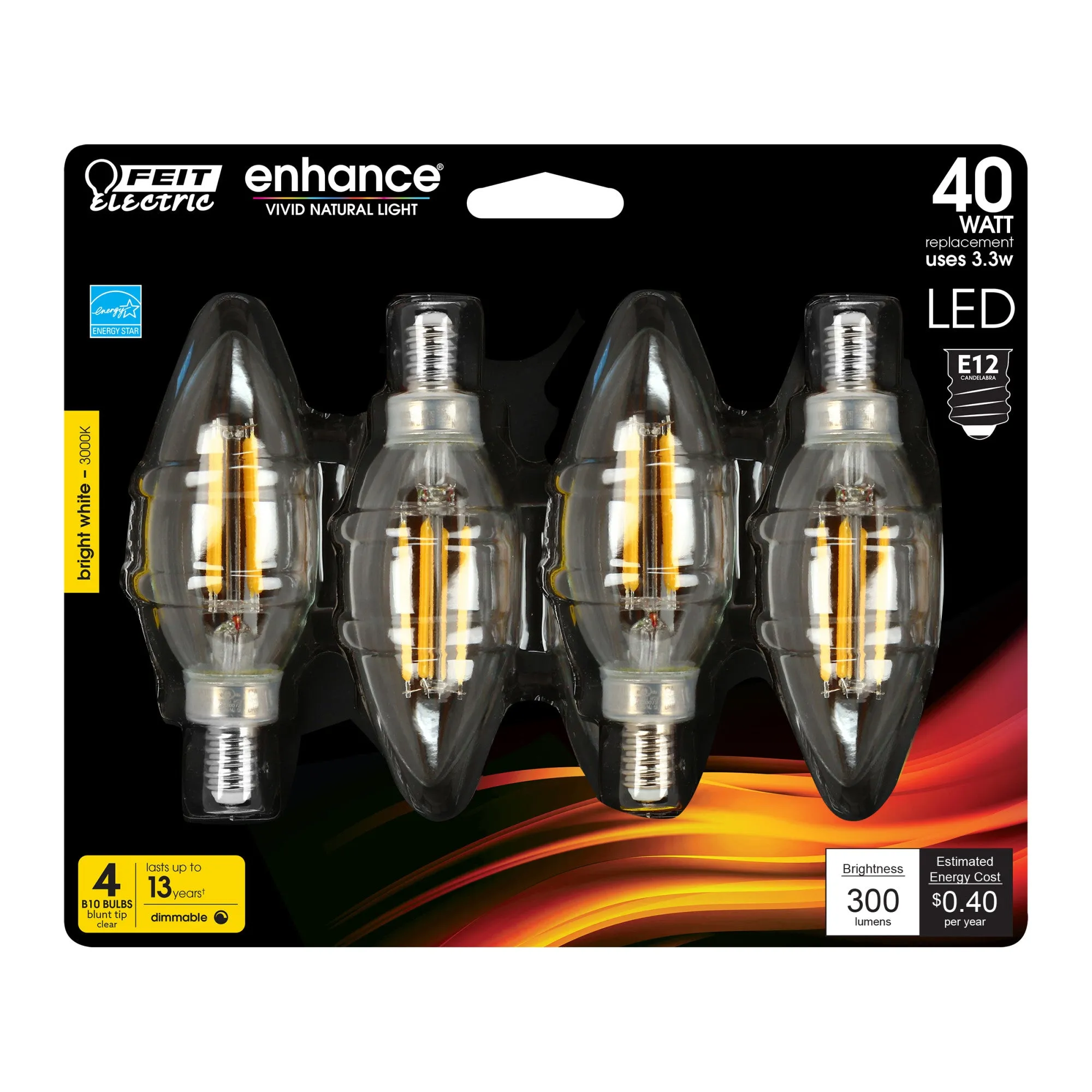 3.3W (40W Replacement) Bright White (3000K) E12 Base B10 Blunt Tip Filament LED Light Bulb (4-Pack)
