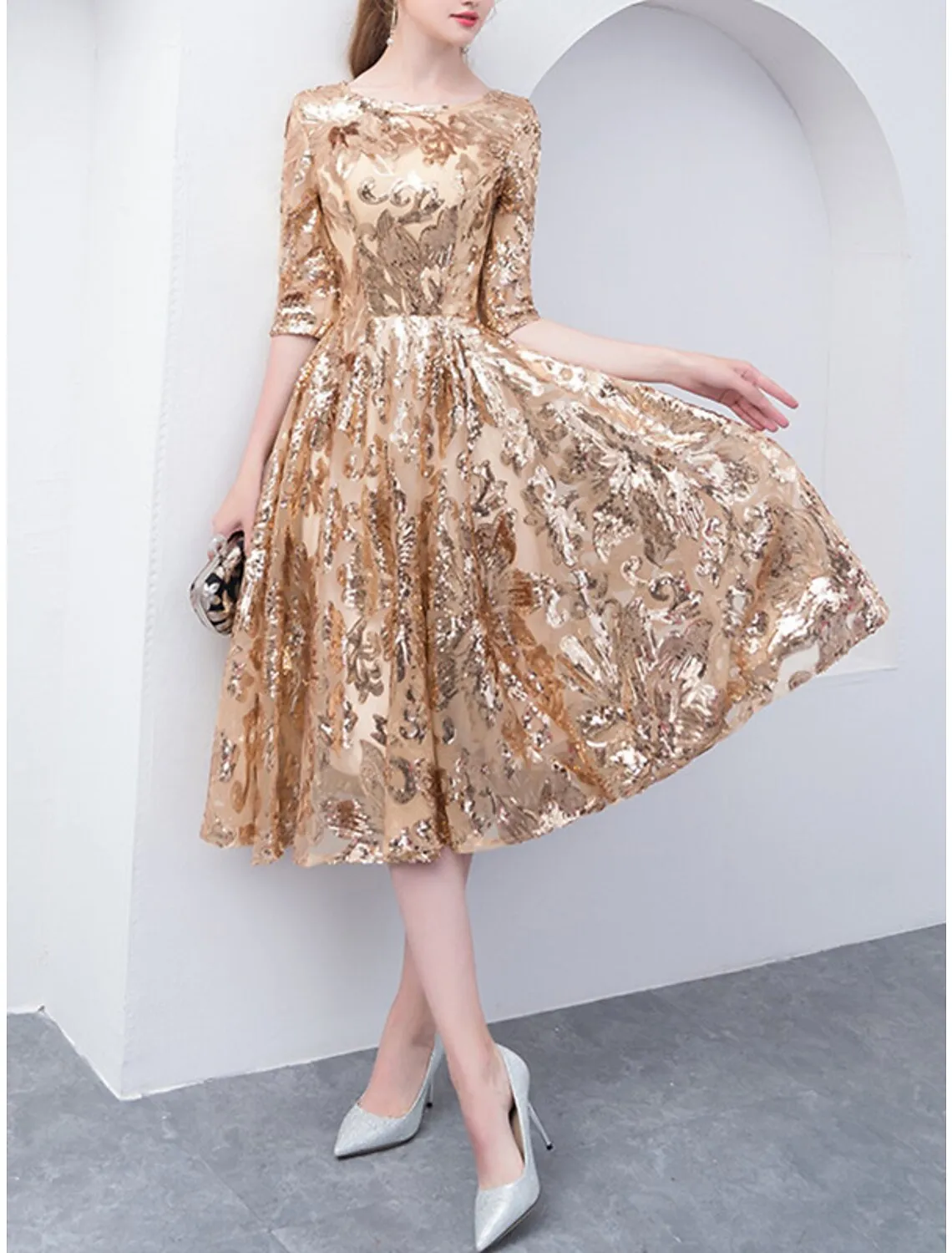 A-Line Mother of the Bride Dress Elegant Sparkle & Shine Jewel Neck Tea Length Tulle Half Sleeve with Sequin