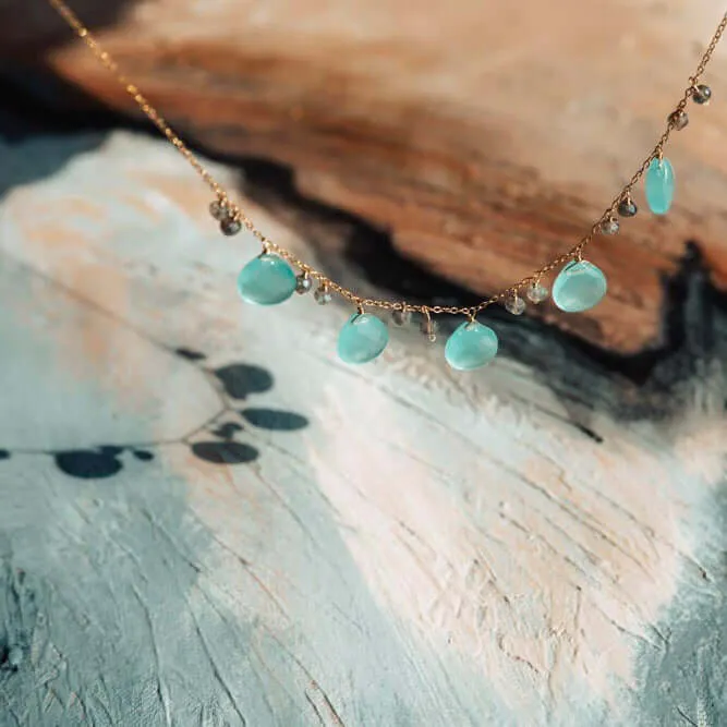 Aqua Chalcedony & Labradorite Gold Dewdrop Necklace