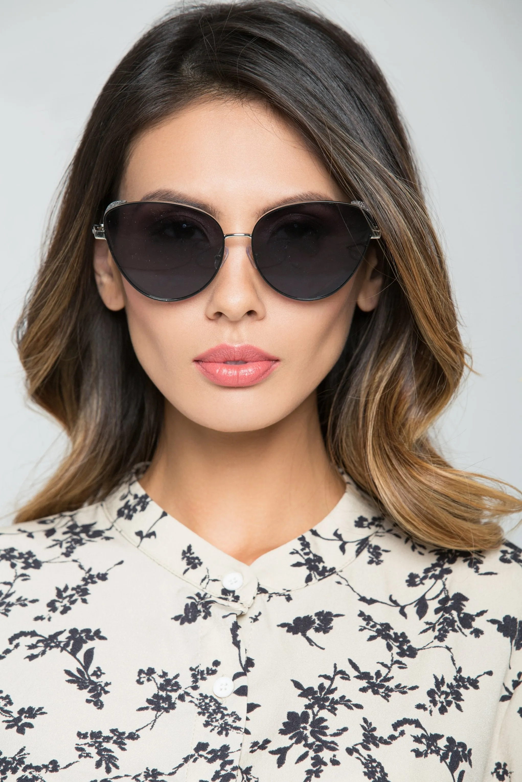 Black Lens Slim Metal Rim Cat Eye Sunglasses