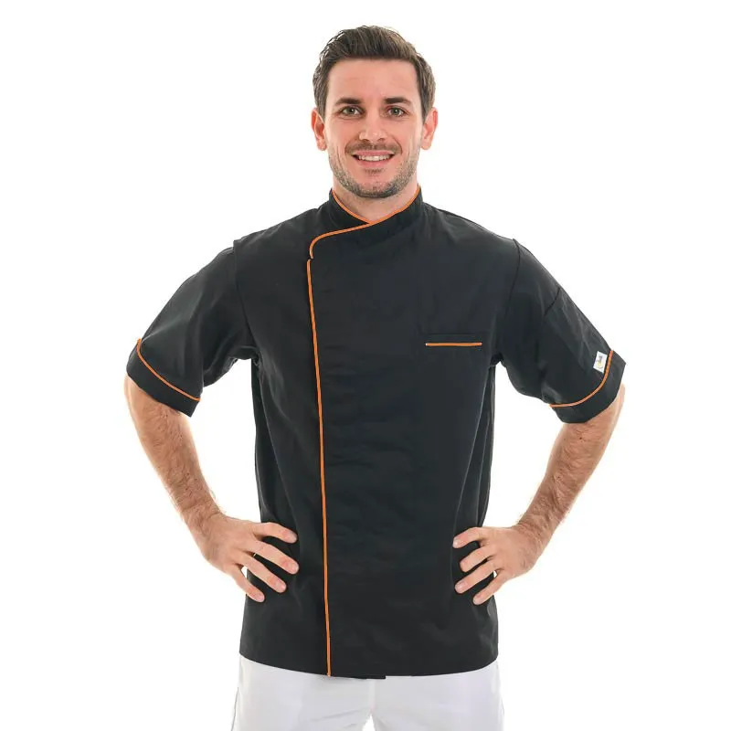 Manelli Black Chef Coat with Long Orange Piping - Short Sleeve or Long Sleeve