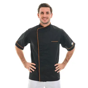 Manelli Black Chef Coat with Long Orange Piping - Short Sleeve or Long Sleeve