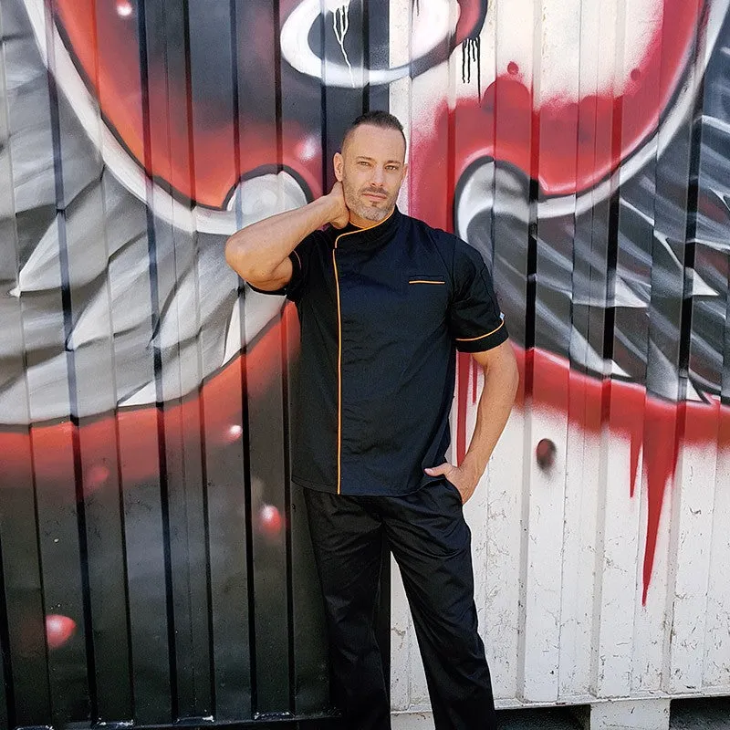 Manelli Black Chef Coat with Long Orange Piping - Short Sleeve or Long Sleeve