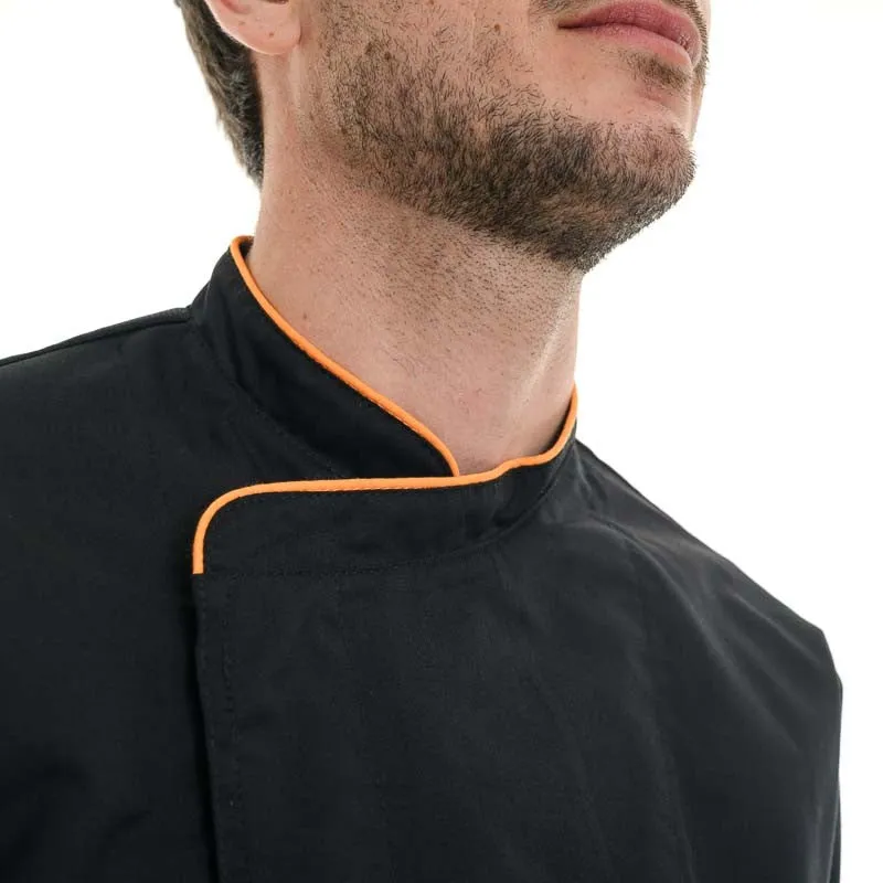 Manelli Black Chef Coat with Long Orange Piping - Short Sleeve or Long Sleeve