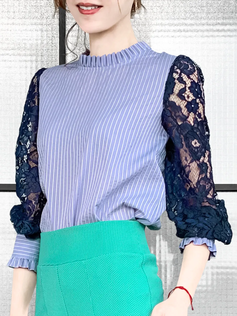 Blue Stripe Navy Lace Sleeves Ruffle Collar Blouse