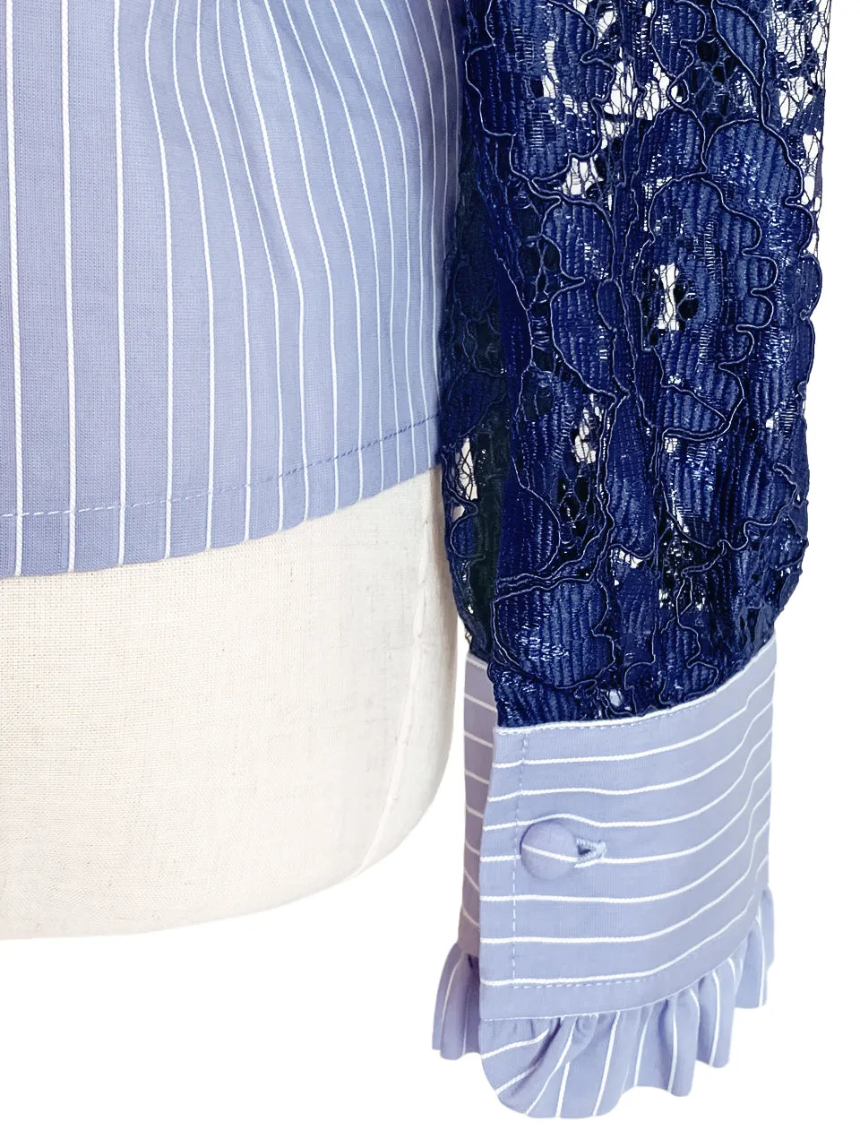 Blue Stripe Navy Lace Sleeves Ruffle Collar Blouse