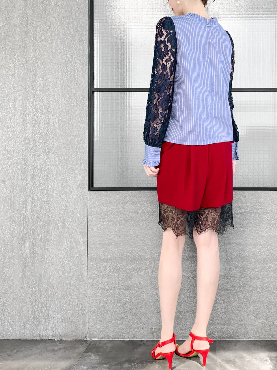 Blue Stripe Navy Lace Sleeves Ruffle Collar Blouse