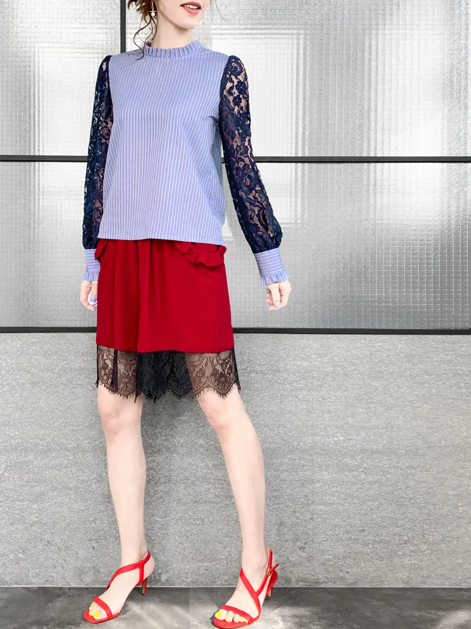 Blue Stripe Navy Lace Sleeves Ruffle Collar Blouse