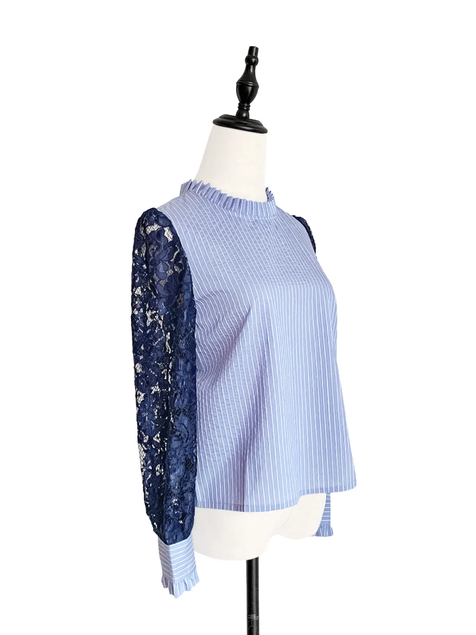 Blue Stripe Navy Lace Sleeves Ruffle Collar Blouse