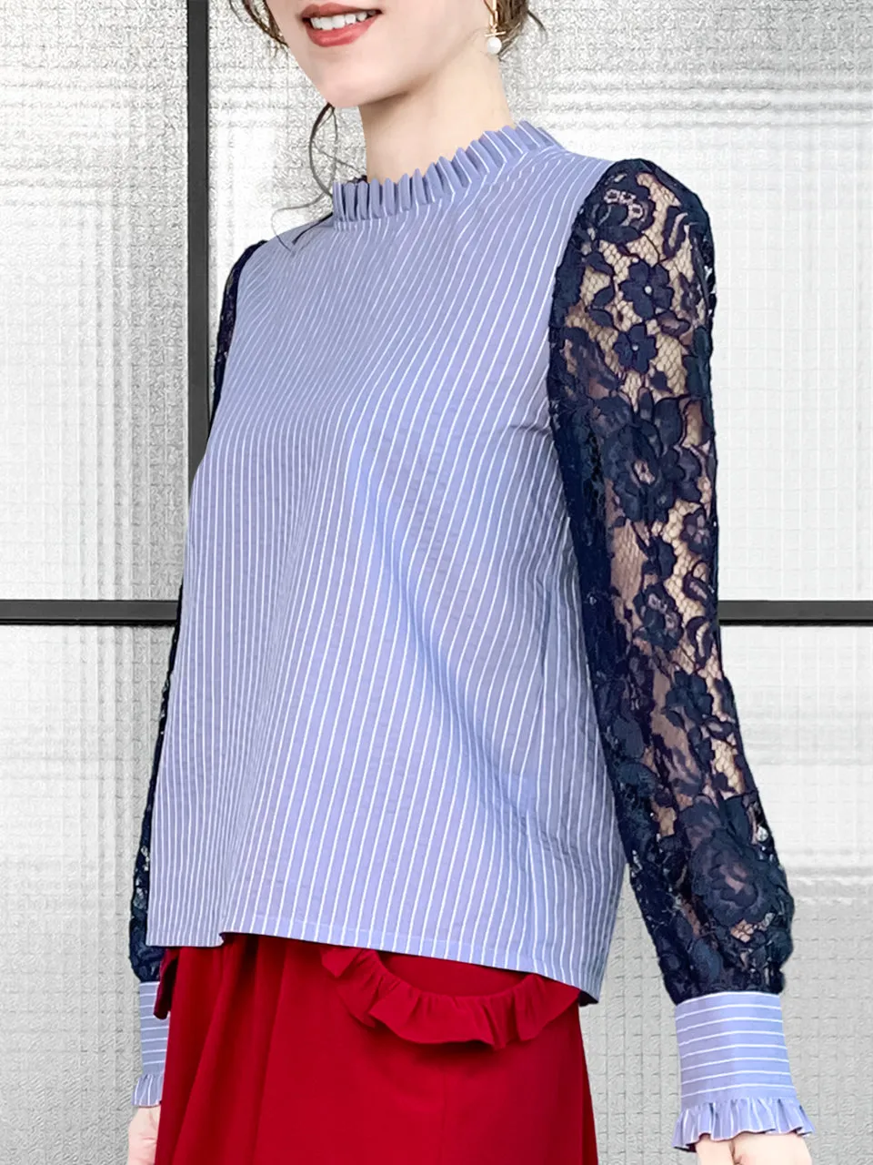 Blue Stripe Navy Lace Sleeves Ruffle Collar Blouse