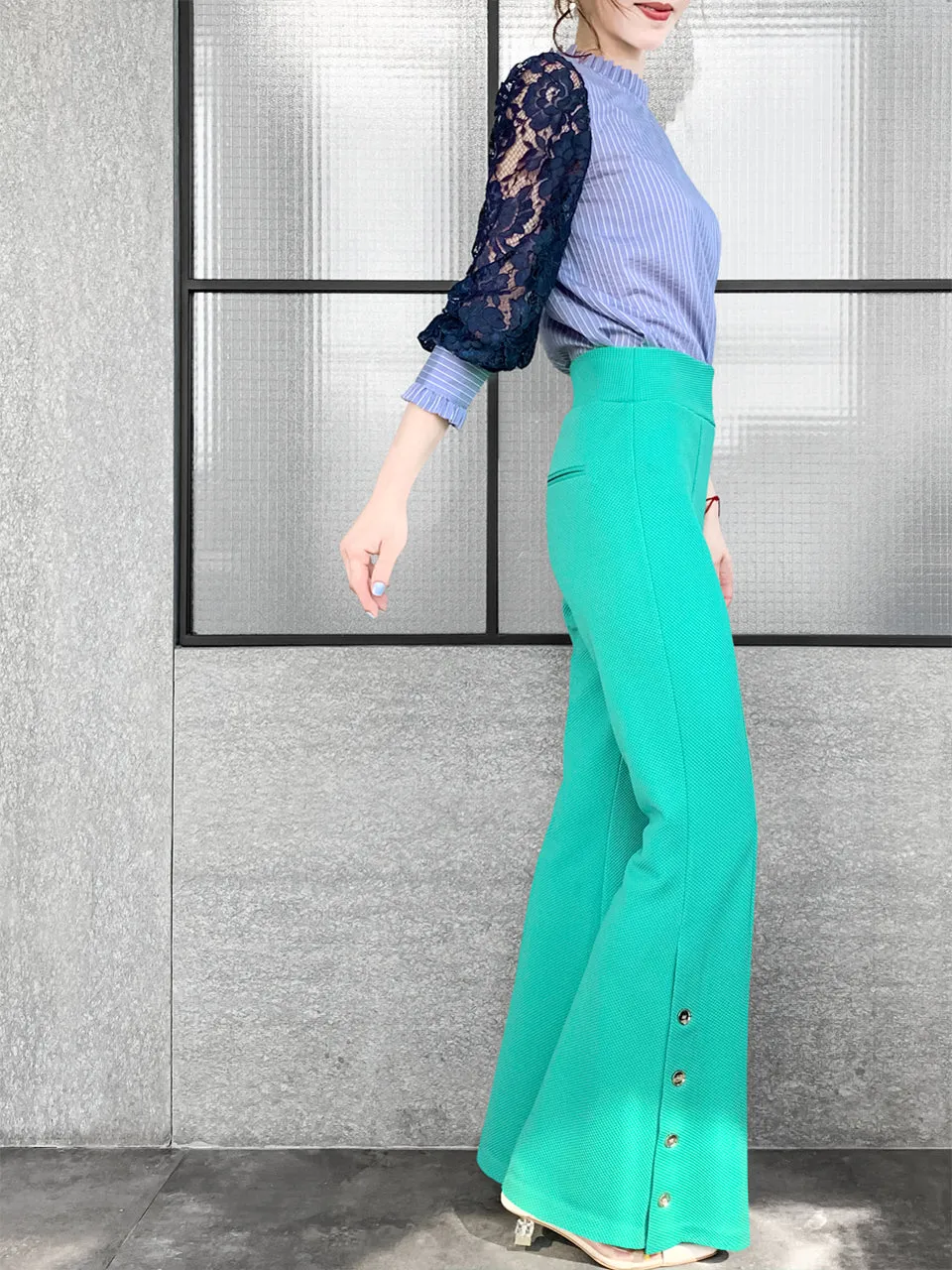 Blue Stripe Navy Lace Sleeves Ruffle Collar Blouse