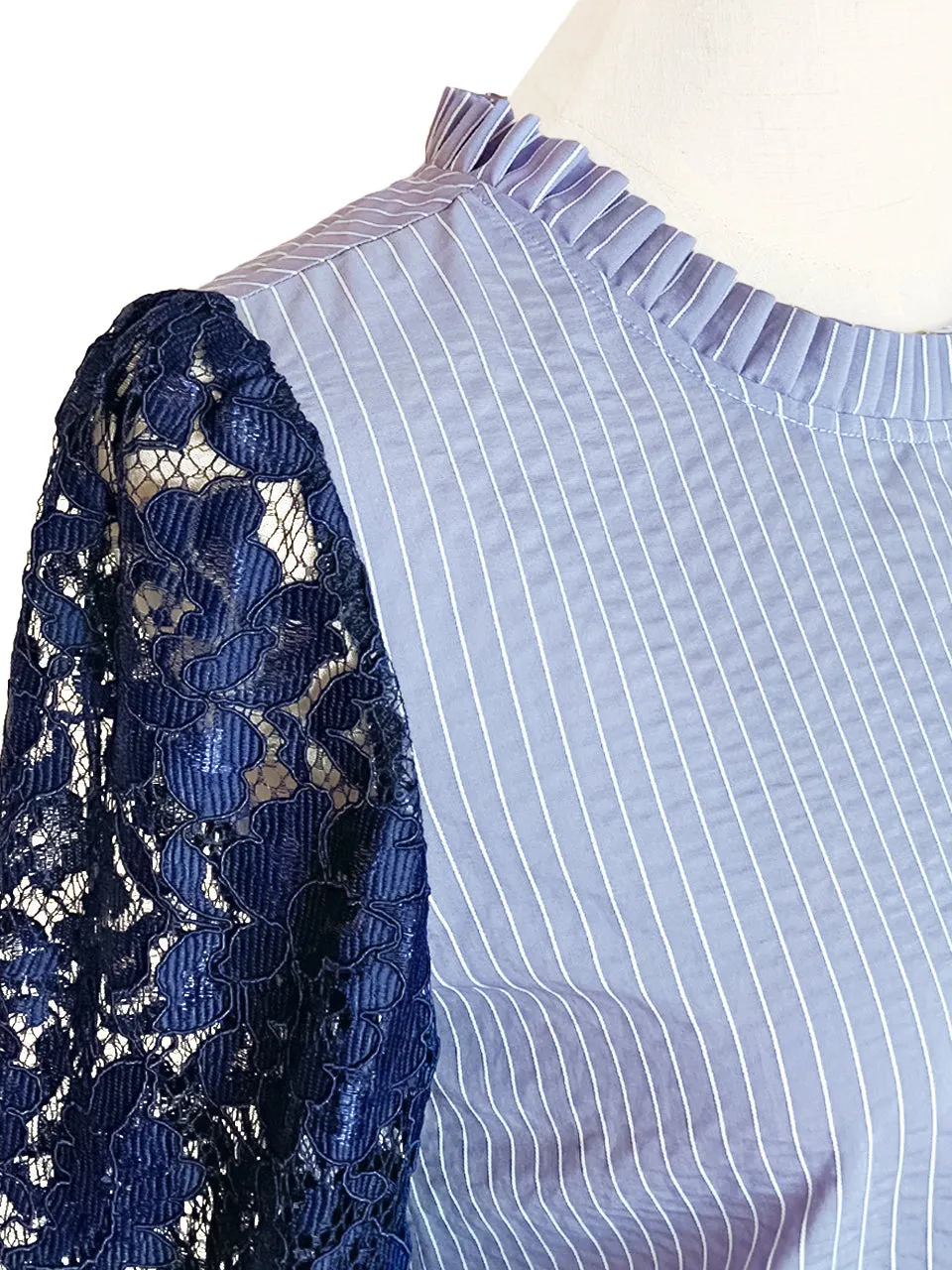 Blue Stripe Navy Lace Sleeves Ruffle Collar Blouse