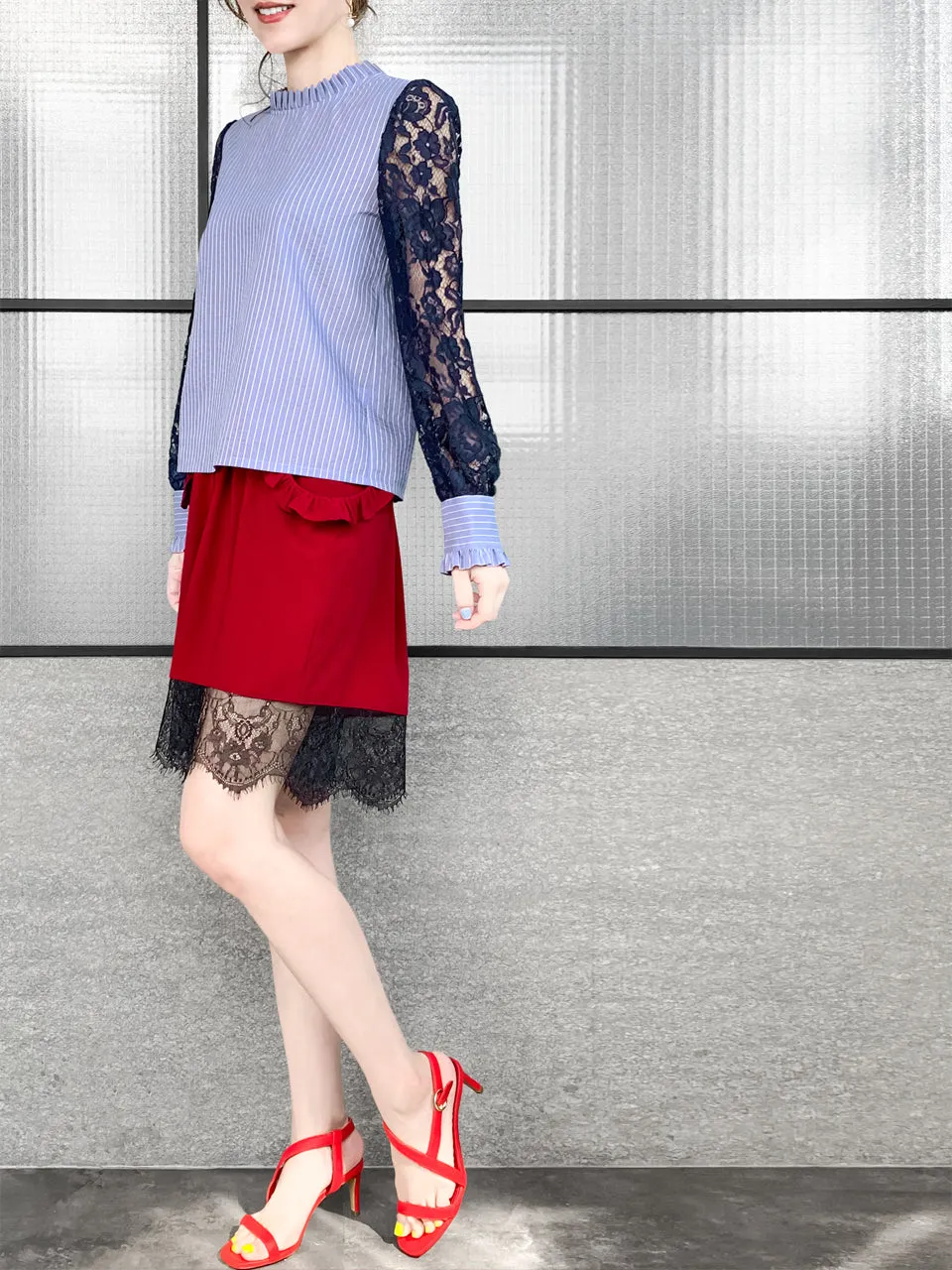 Blue Stripe Navy Lace Sleeves Ruffle Collar Blouse