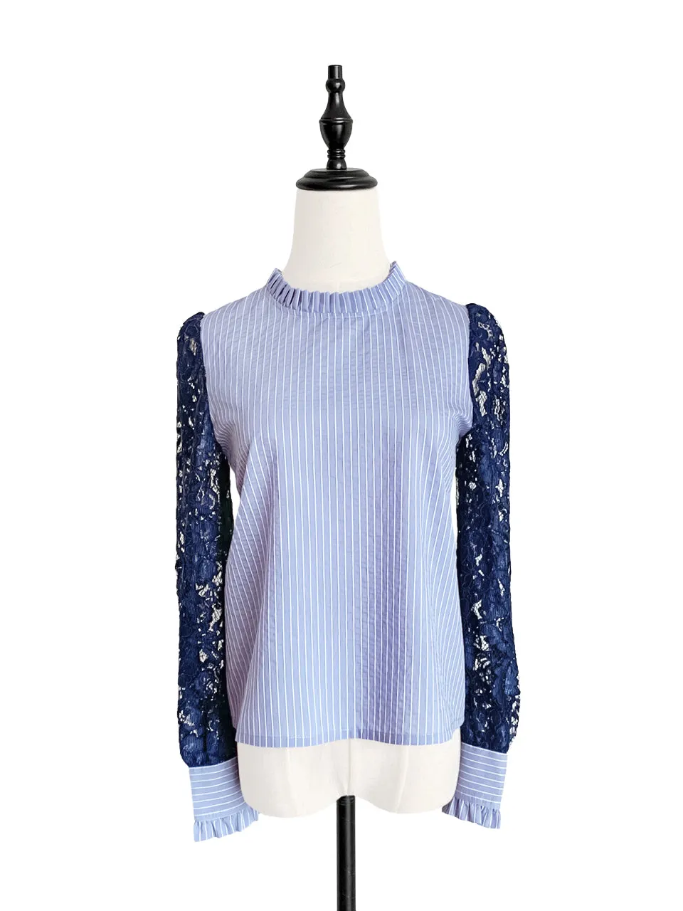 Blue Stripe Navy Lace Sleeves Ruffle Collar Blouse