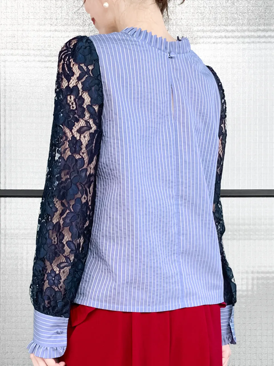 Blue Stripe Navy Lace Sleeves Ruffle Collar Blouse