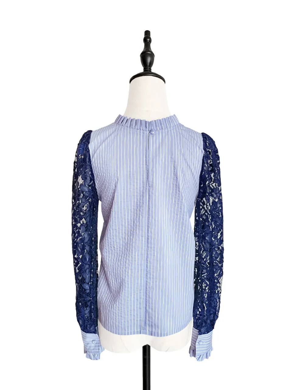 Blue Stripe Navy Lace Sleeves Ruffle Collar Blouse