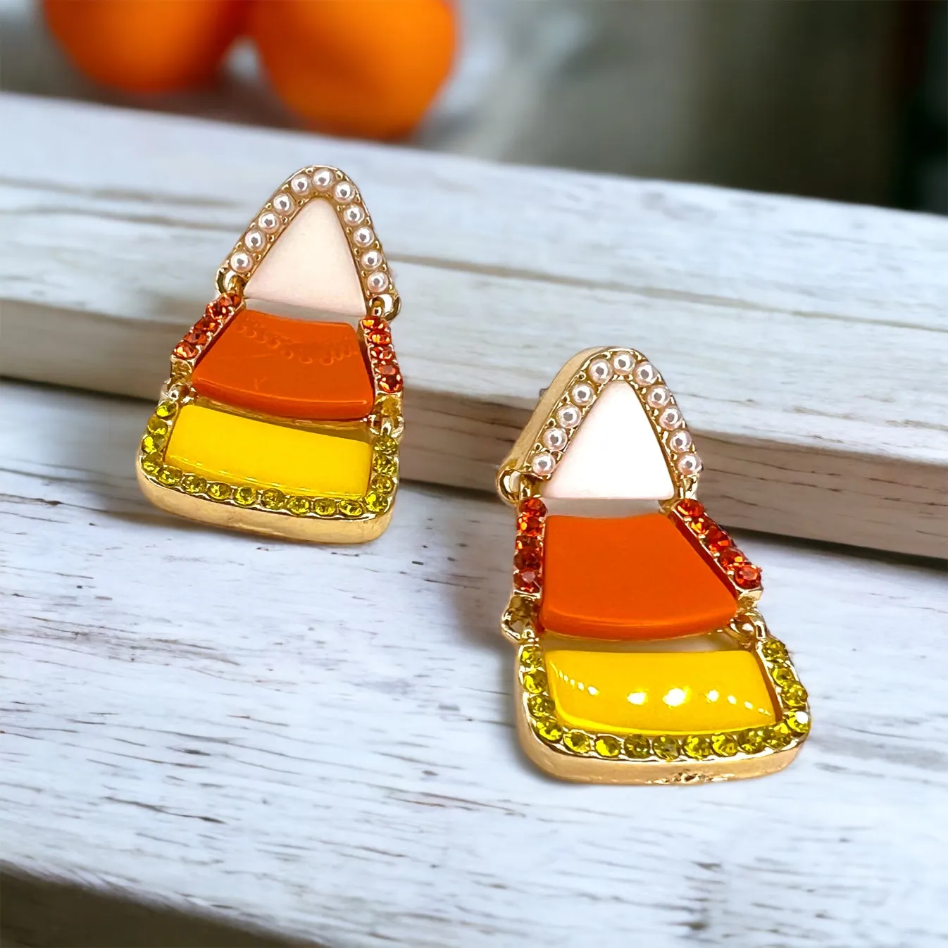 Candycorn Earrings - Halloween Earrings, Candy Earrings, Halloween Accessories, Halloween Earrings, Rhinestone Earrings, Halloween Accessories, Candy Corn