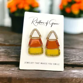 Candycorn Earrings - Halloween Earrings, Candy Earrings, Halloween Accessories, Halloween Earrings, Rhinestone Earrings, Halloween Accessories, Candy Corn
