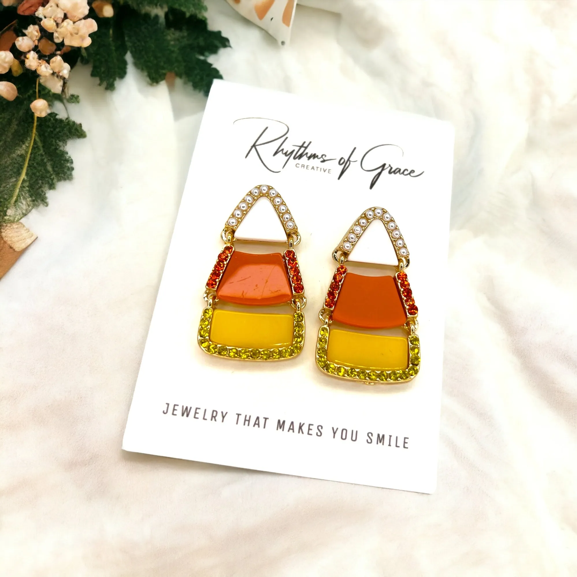 Candycorn Earrings - Halloween Earrings, Candy Earrings, Halloween Accessories, Halloween Earrings, Rhinestone Earrings, Halloween Accessories, Candy Corn