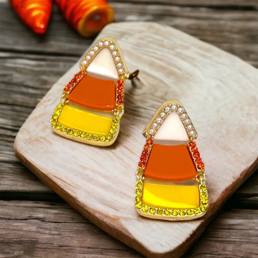 Candycorn Earrings - Halloween Earrings, Candy Earrings, Halloween Accessories, Halloween Earrings, Rhinestone Earrings, Halloween Accessories, Candy Corn