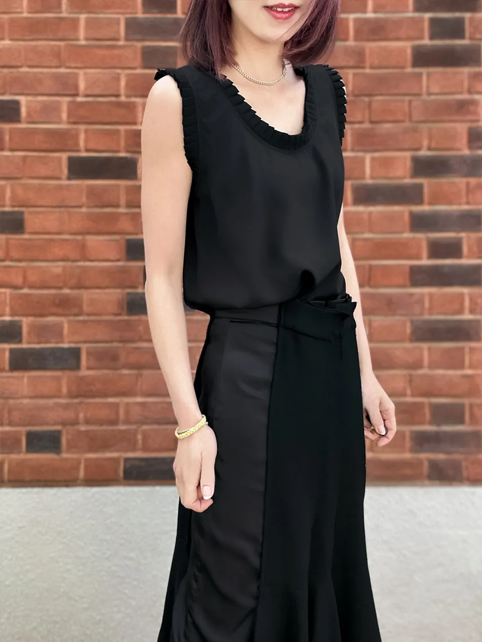 Classy Black Pleated Ruffle Detail Silky Tank Top