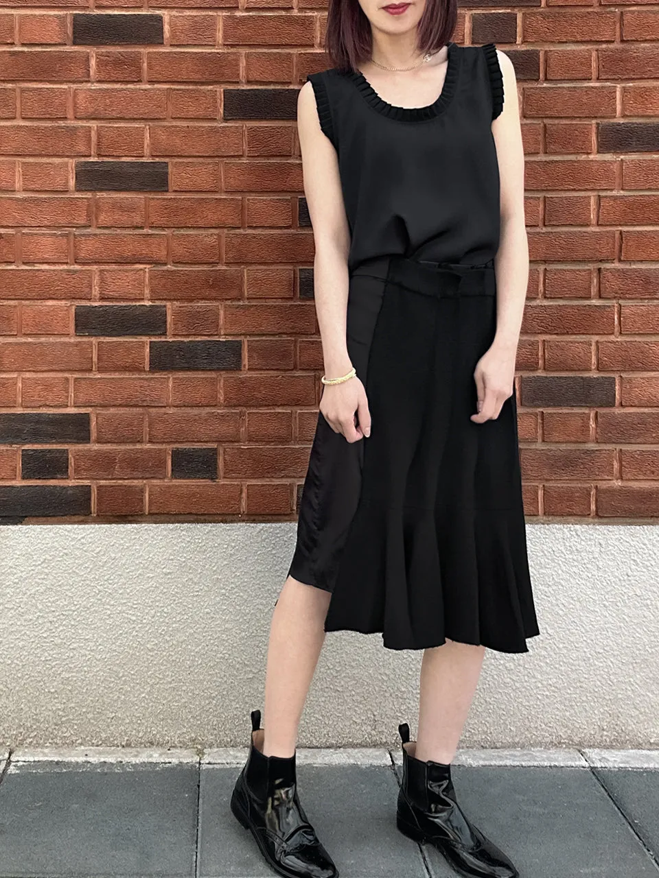 Classy Black Pleated Ruffle Detail Silky Tank Top
