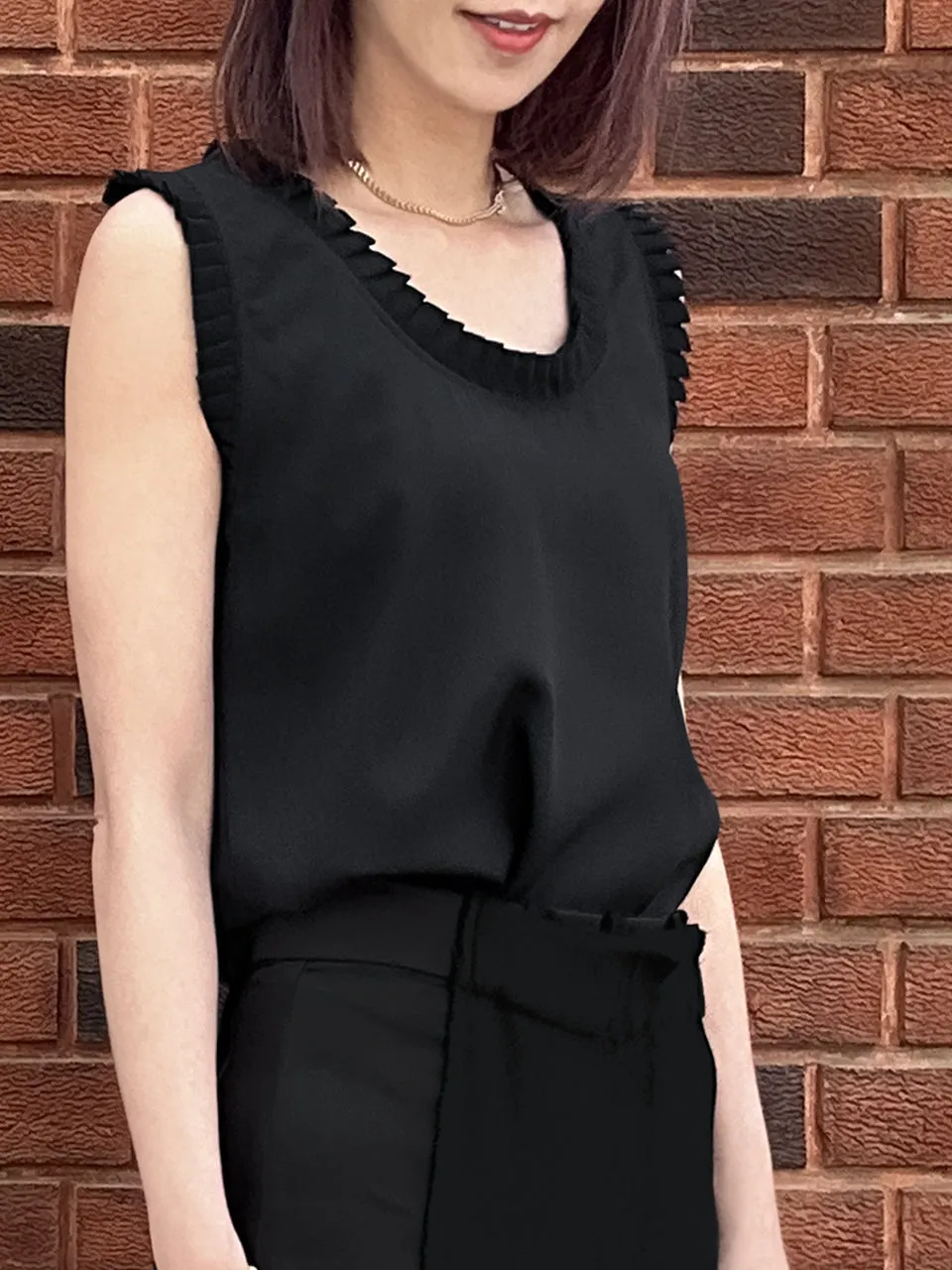 Classy Black Pleated Ruffle Detail Silky Tank Top