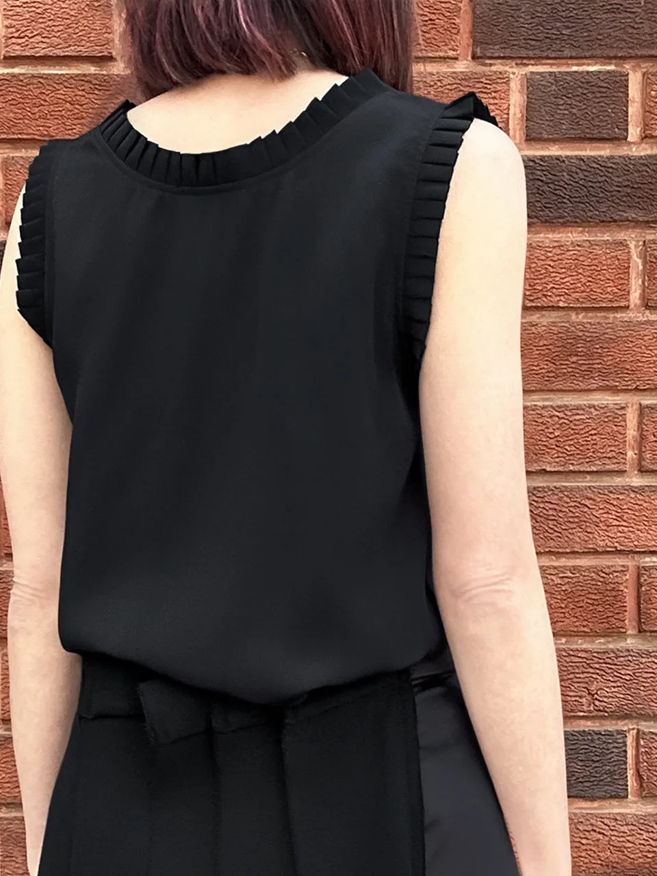Classy Black Pleated Ruffle Detail Silky Tank Top