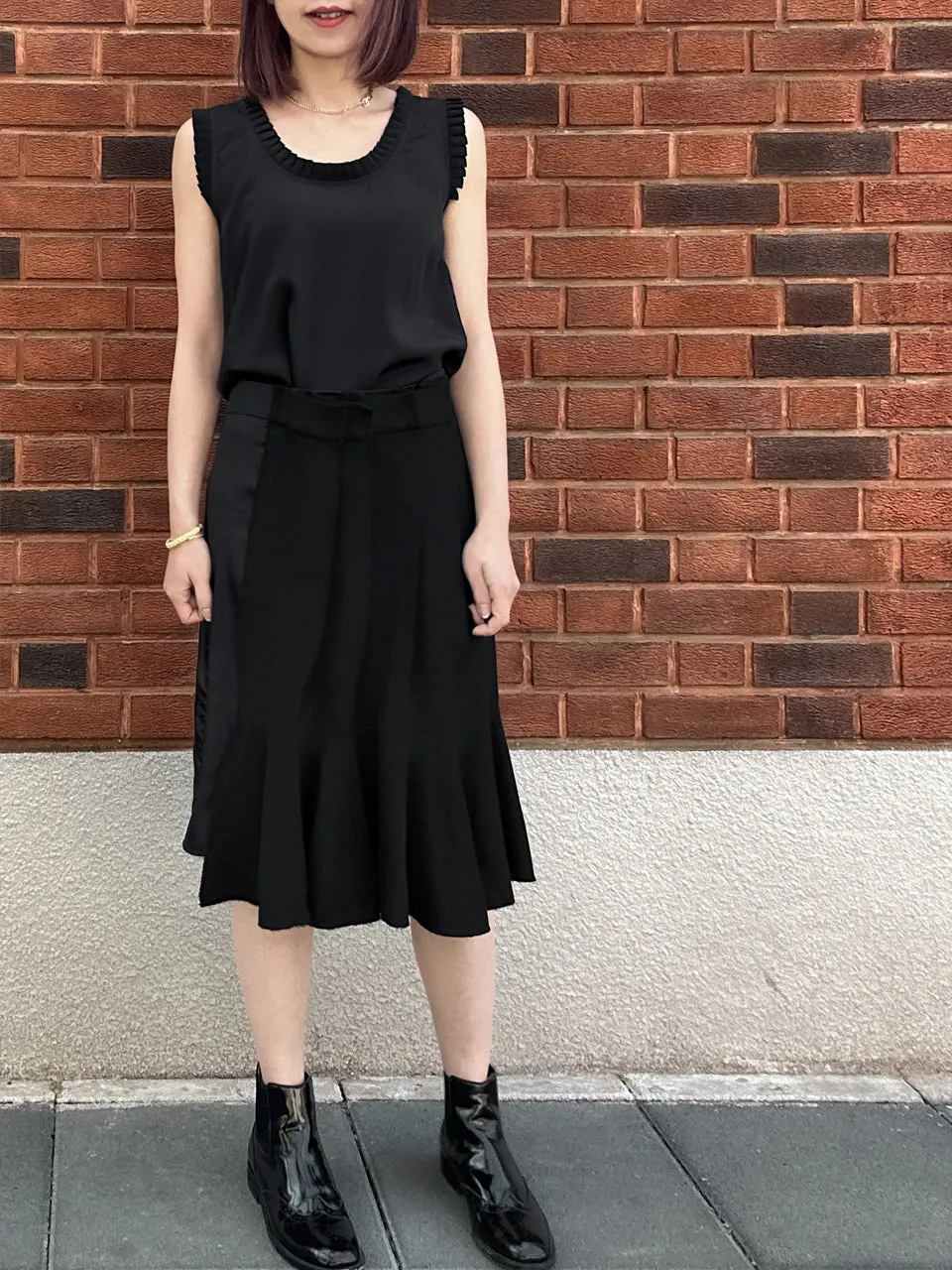 Classy Black Pleated Ruffle Detail Silky Tank Top