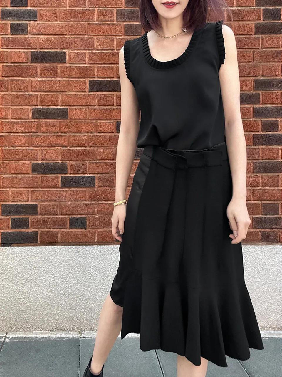 Classy Black Pleated Ruffle Detail Silky Tank Top