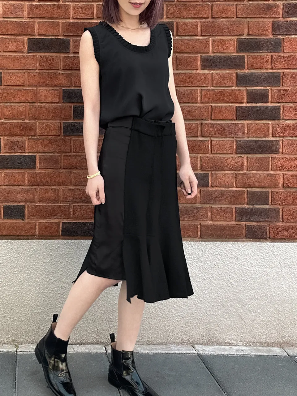 Classy Black Pleated Ruffle Detail Silky Tank Top