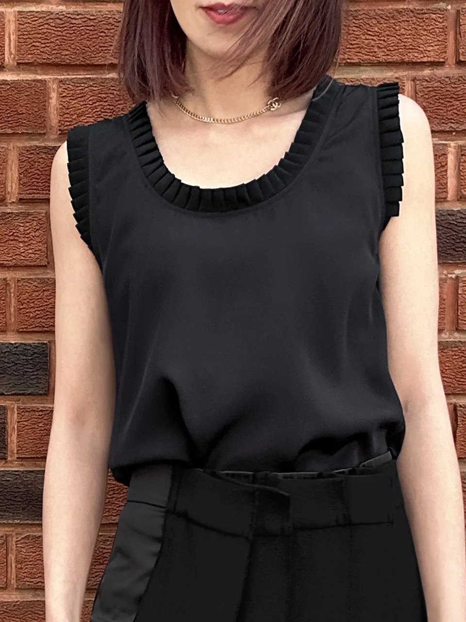 Classy Black Pleated Ruffle Detail Silky Tank Top