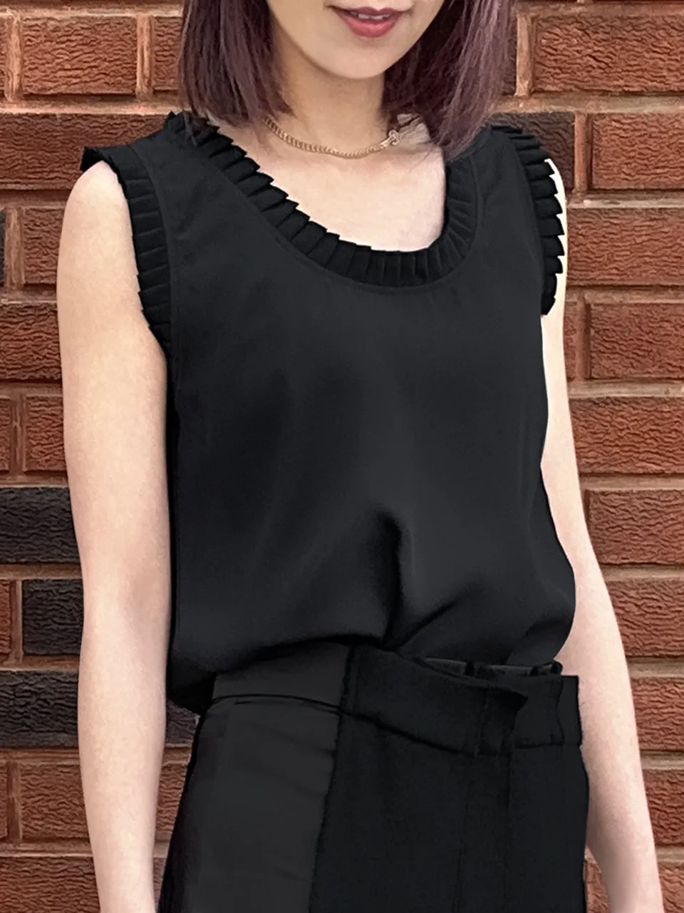 Classy Black Pleated Ruffle Detail Silky Tank Top