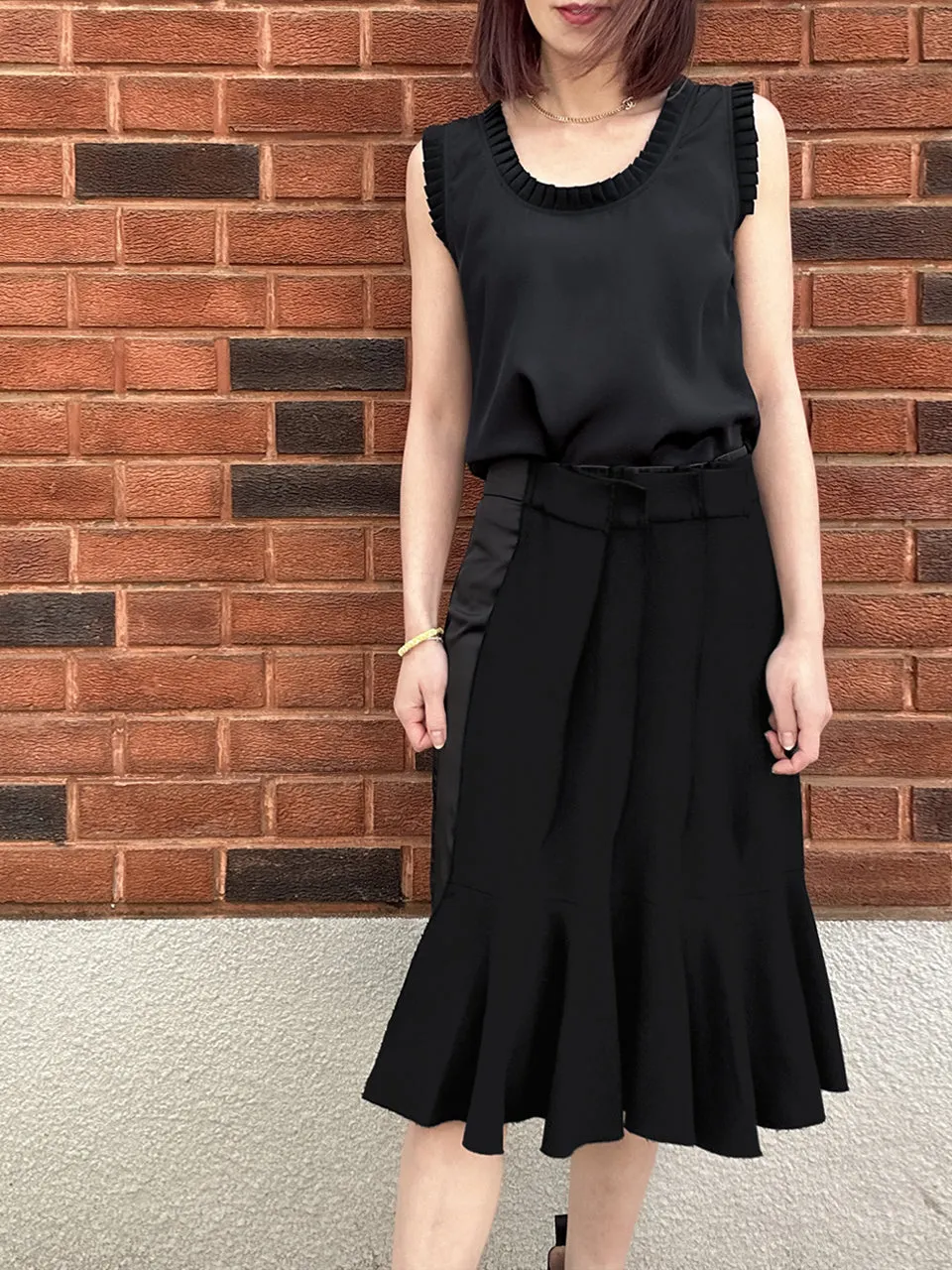 Classy Black Pleated Ruffle Detail Silky Tank Top