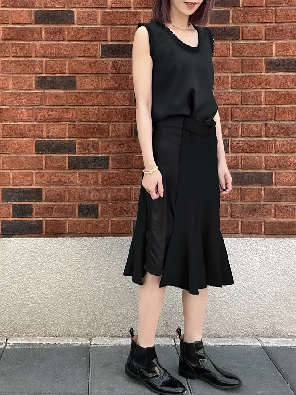 Classy Black Pleated Ruffle Detail Silky Tank Top