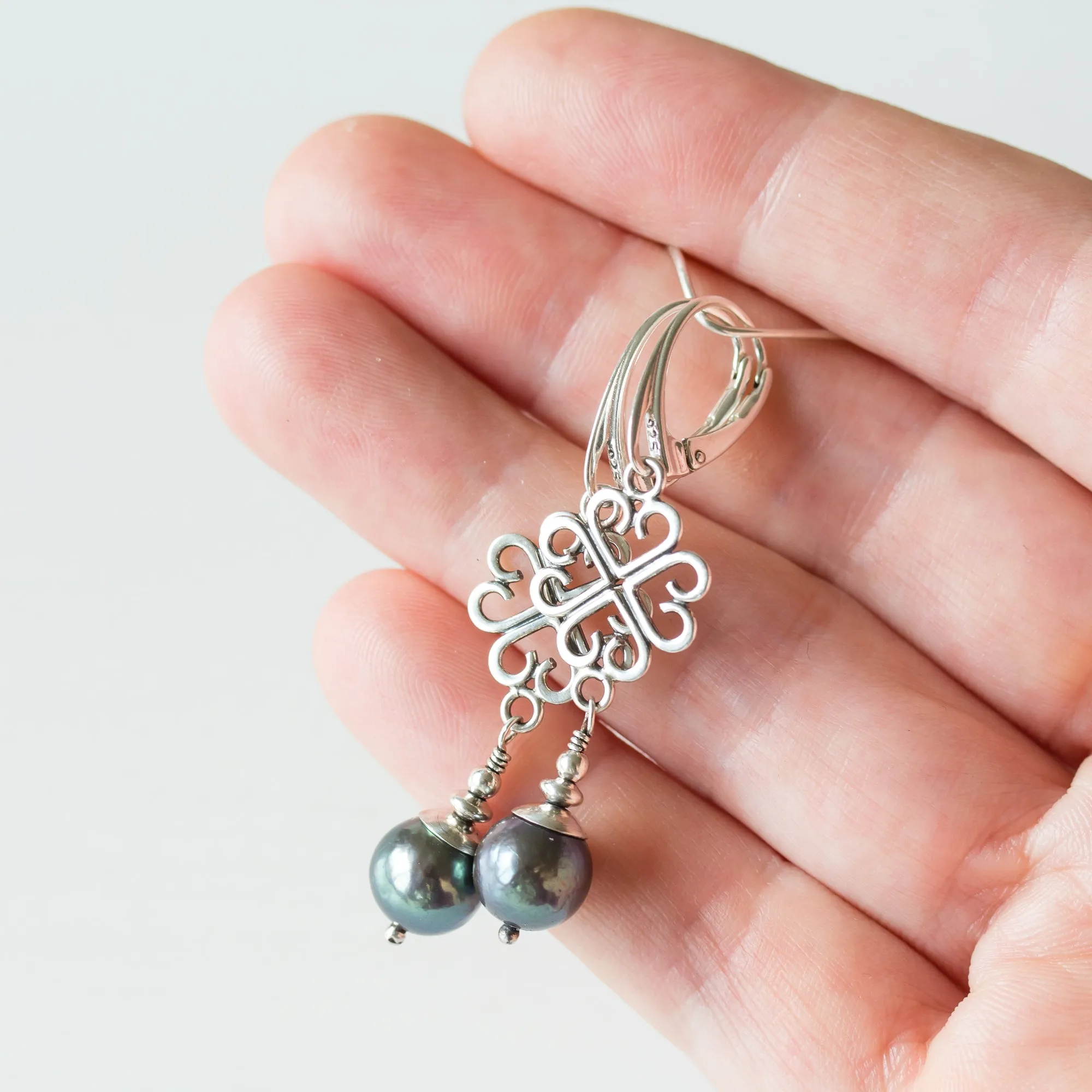 Elegant Four Leaf Clover Earrings with Black Pearl Drop