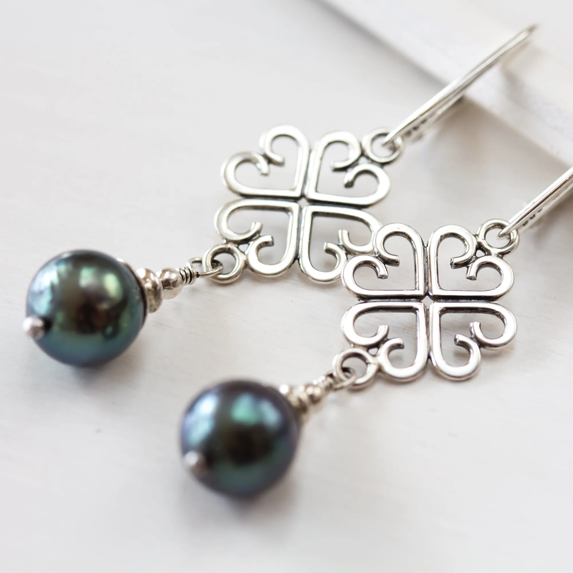 Elegant Four Leaf Clover Earrings with Black Pearl Drop