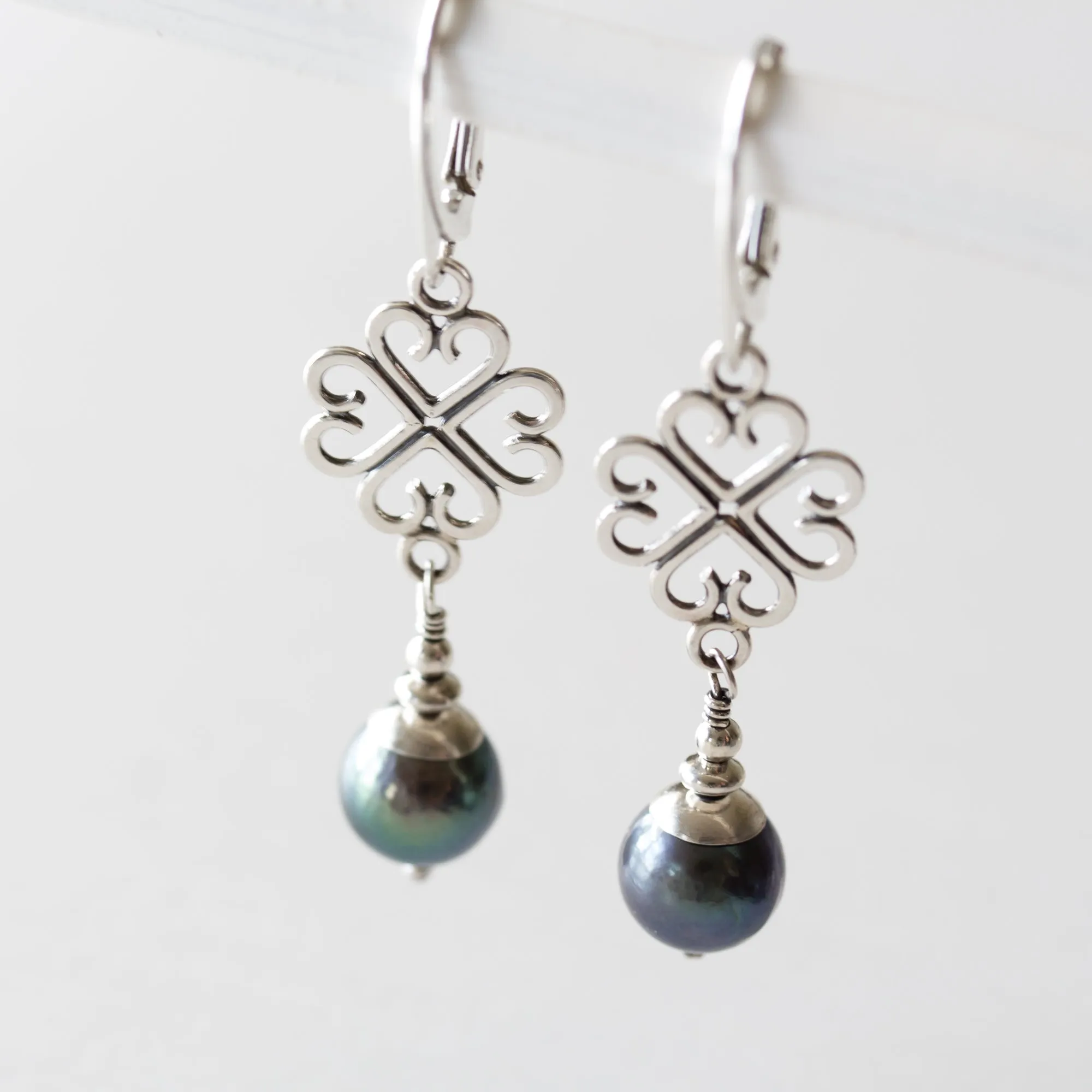 Elegant Four Leaf Clover Earrings with Black Pearl Drop
