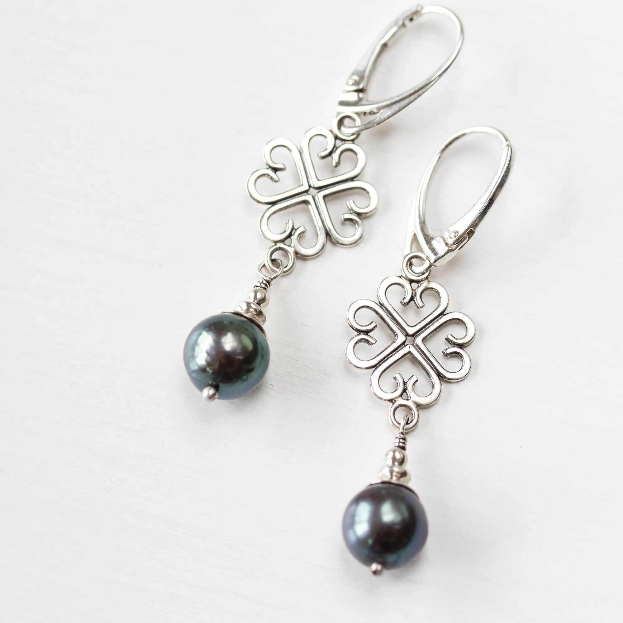 Elegant Four Leaf Clover Earrings with Black Pearl Drop