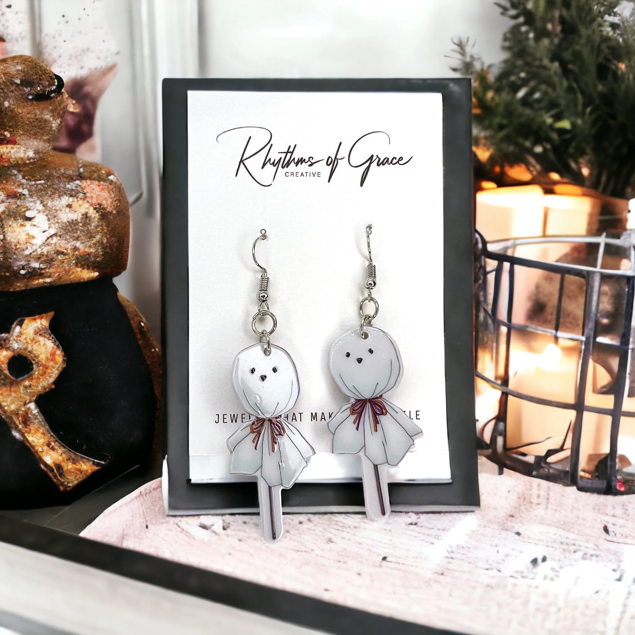 Ghost Earrings - Halloween Earrings, Lollipop Earrings, Ghost Costume, Halloween Accessories, Retro Custom, Costume Jewelry, Handmade Earrings