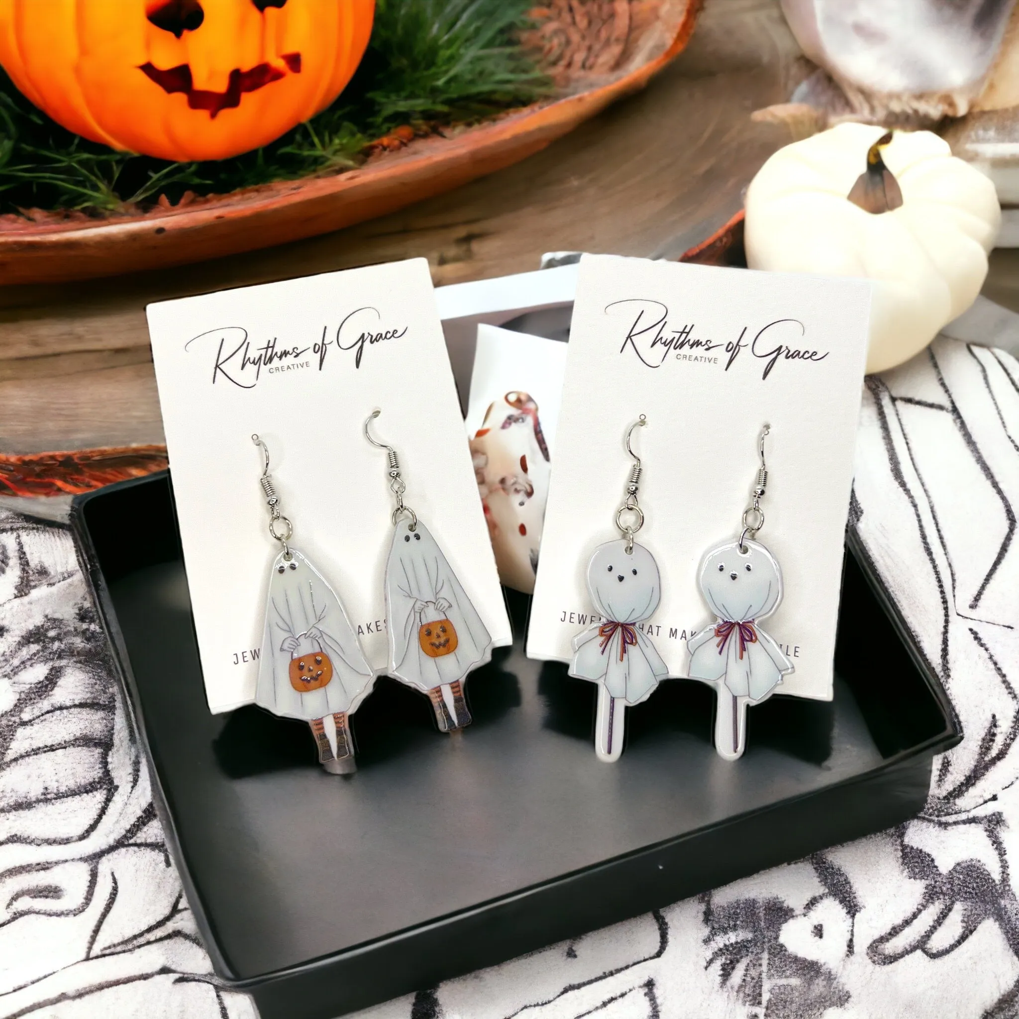 Ghost Earrings - Halloween Earrings, Lollipop Earrings, Ghost Costume, Halloween Accessories, Retro Custom, Costume Jewelry, Handmade Earrings