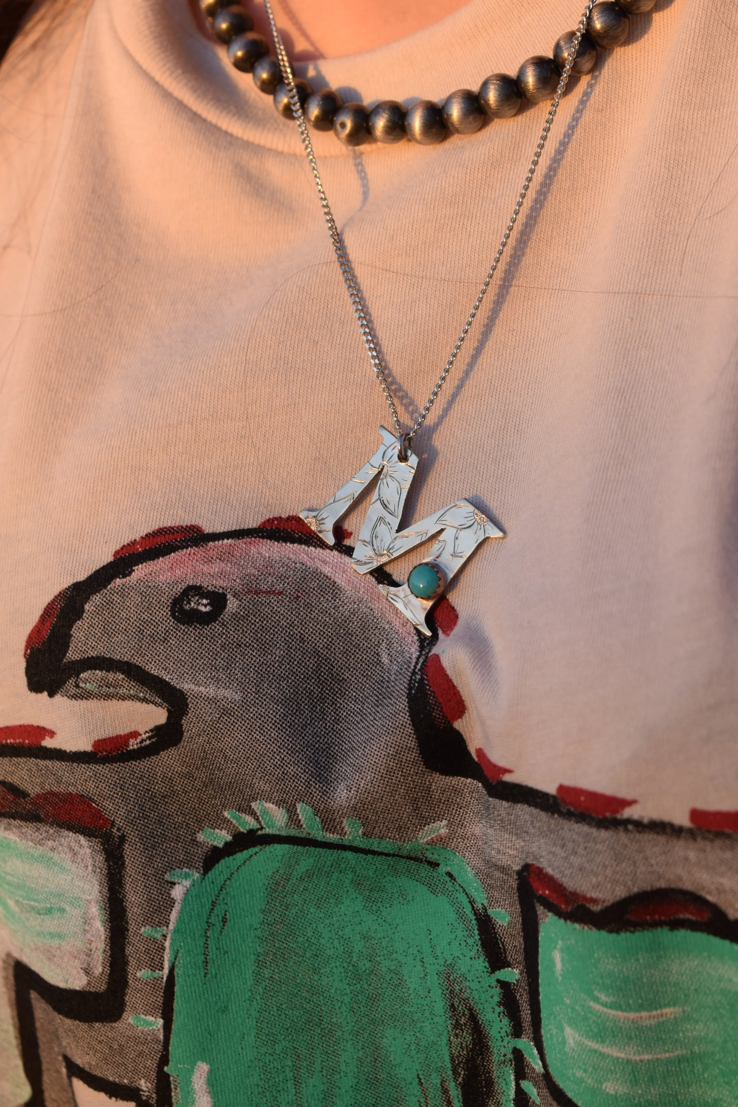 Hand Engraved Big Initial Necklaces with Real Turquoise