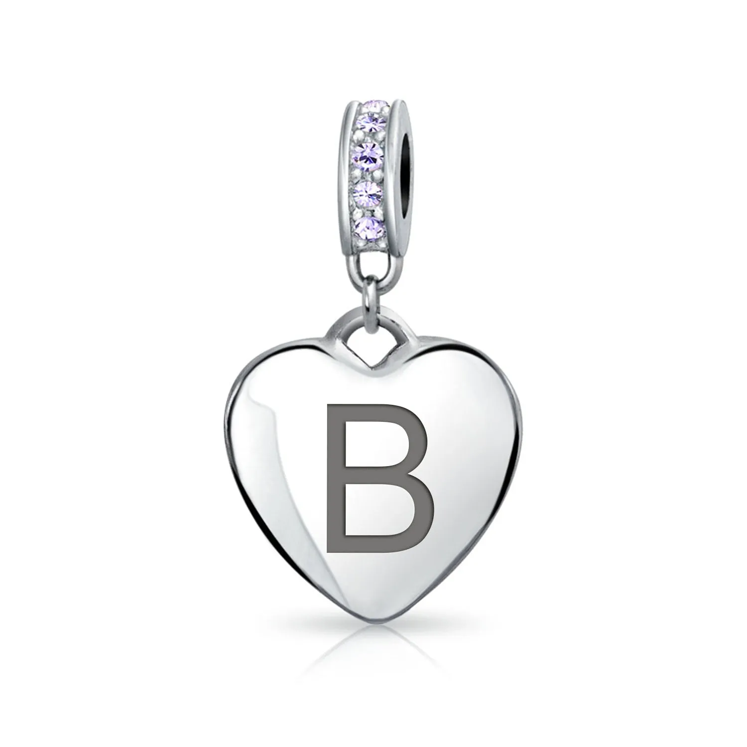 Heart Dangle Bead Charm Crystal Purple Month June Sterling Silver