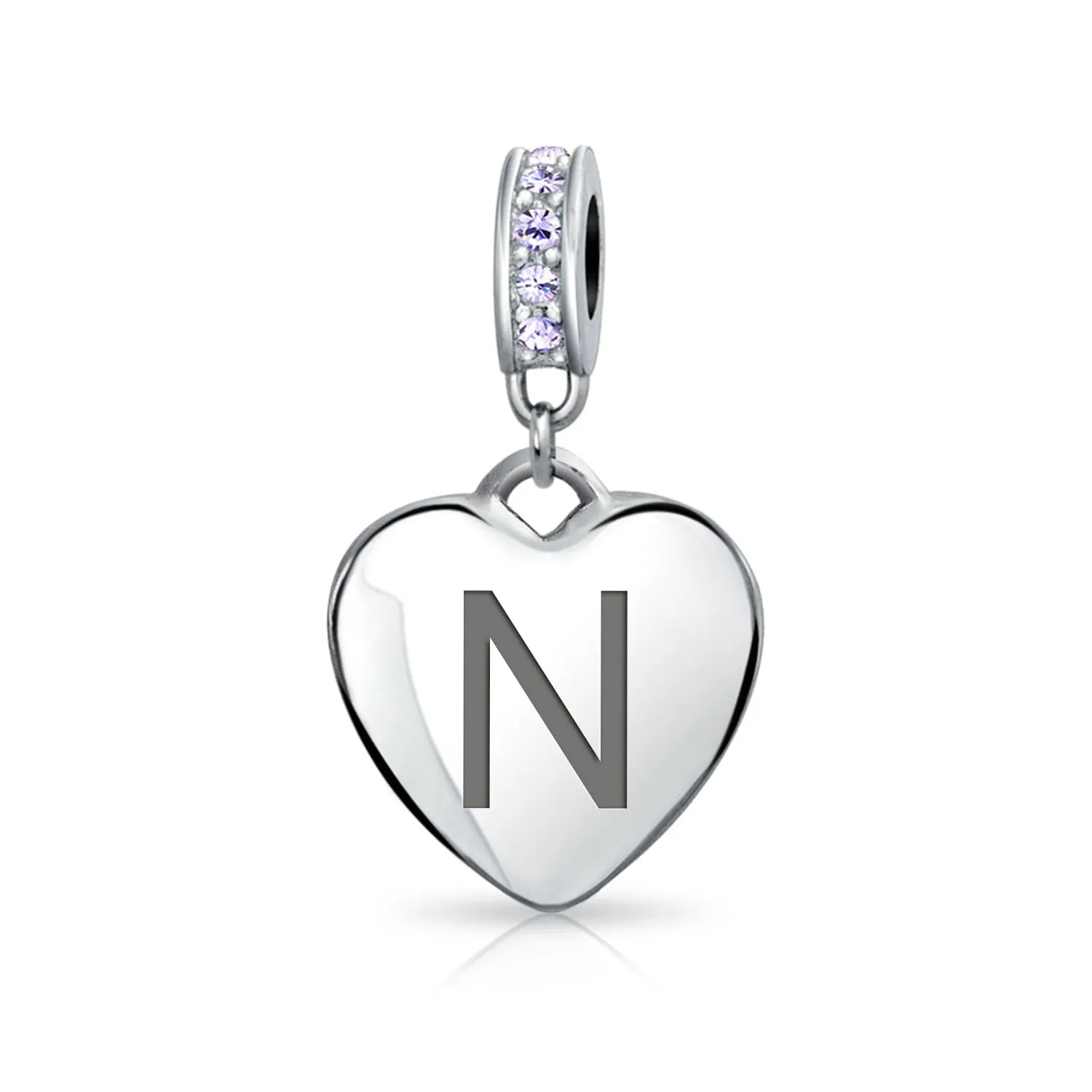 Heart Dangle Bead Charm Crystal Purple Month June Sterling Silver
