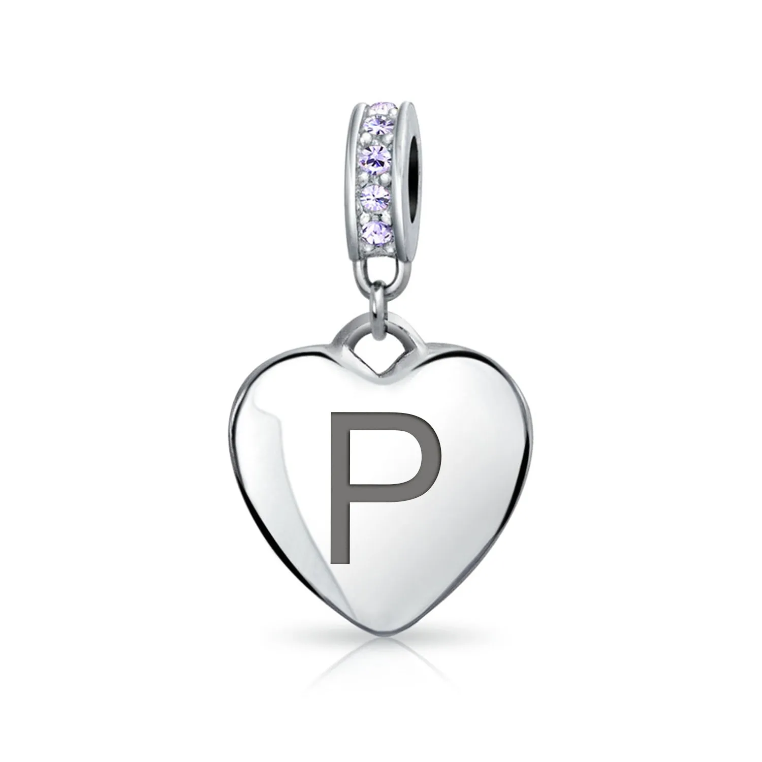 Heart Dangle Bead Charm Crystal Purple Month June Sterling Silver